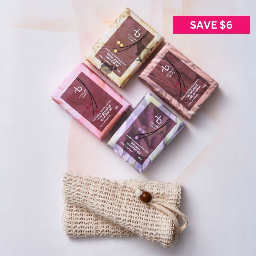 Natural Soap Gift Pack - 4 Moisturising Soaps + Soap Bag Bundle for mature skin