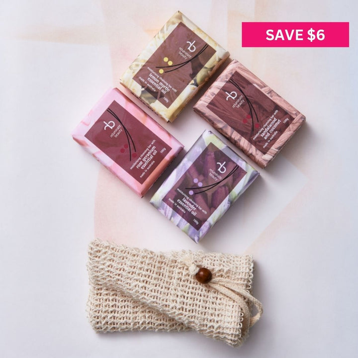 Natural Soap Gift Pack - 4 Moisturising Soaps + Soap Bag Bundle for mature skin
