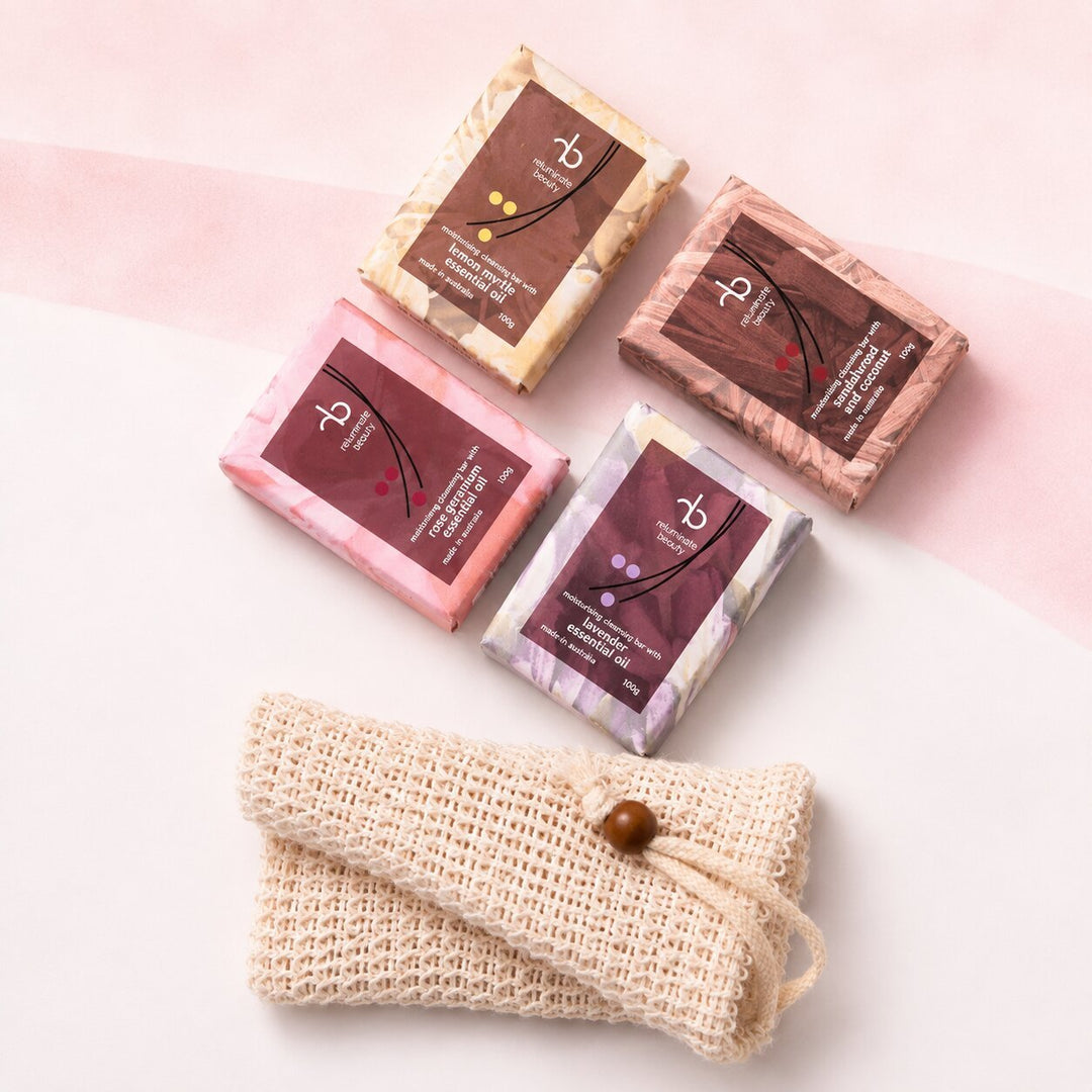 Natural Soap Gift Pack -4 Moisturising Soaps + Soap Bag Bundle for mature skin