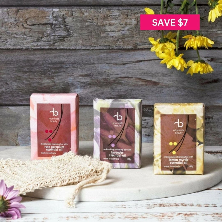 reluminate beauty Bundle Moisturising Cleansing Bar Trio Pack With Soap Bag